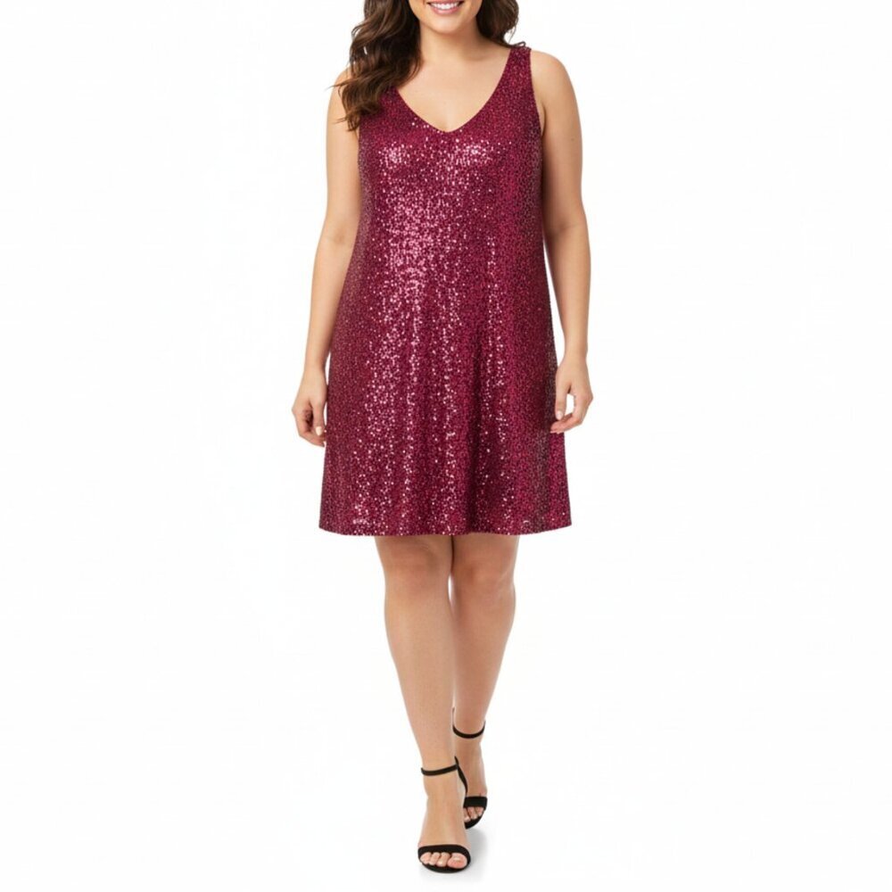 NWT 1. State Sequined Sleeveless V Neck Shift Mini Dress in Burgundy